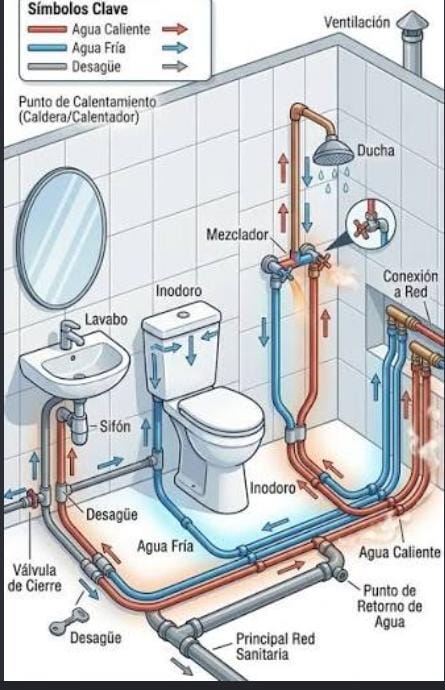 Esquema de instalación de agua con cañerías de agua fría, caliente y desagües