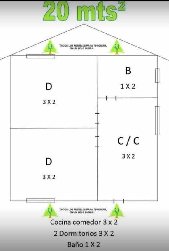 Plano de distribución de vivienda de 20 m² con dos dormitorios, baño y cocina comedor