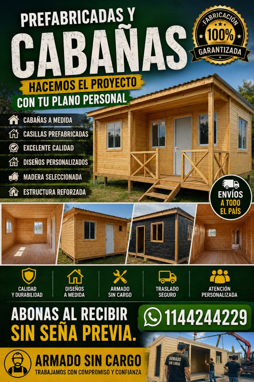 Folleto de viviendas prefabricadas y cabañas: armado sin cargo, envíos a todo el país y pago al recibir